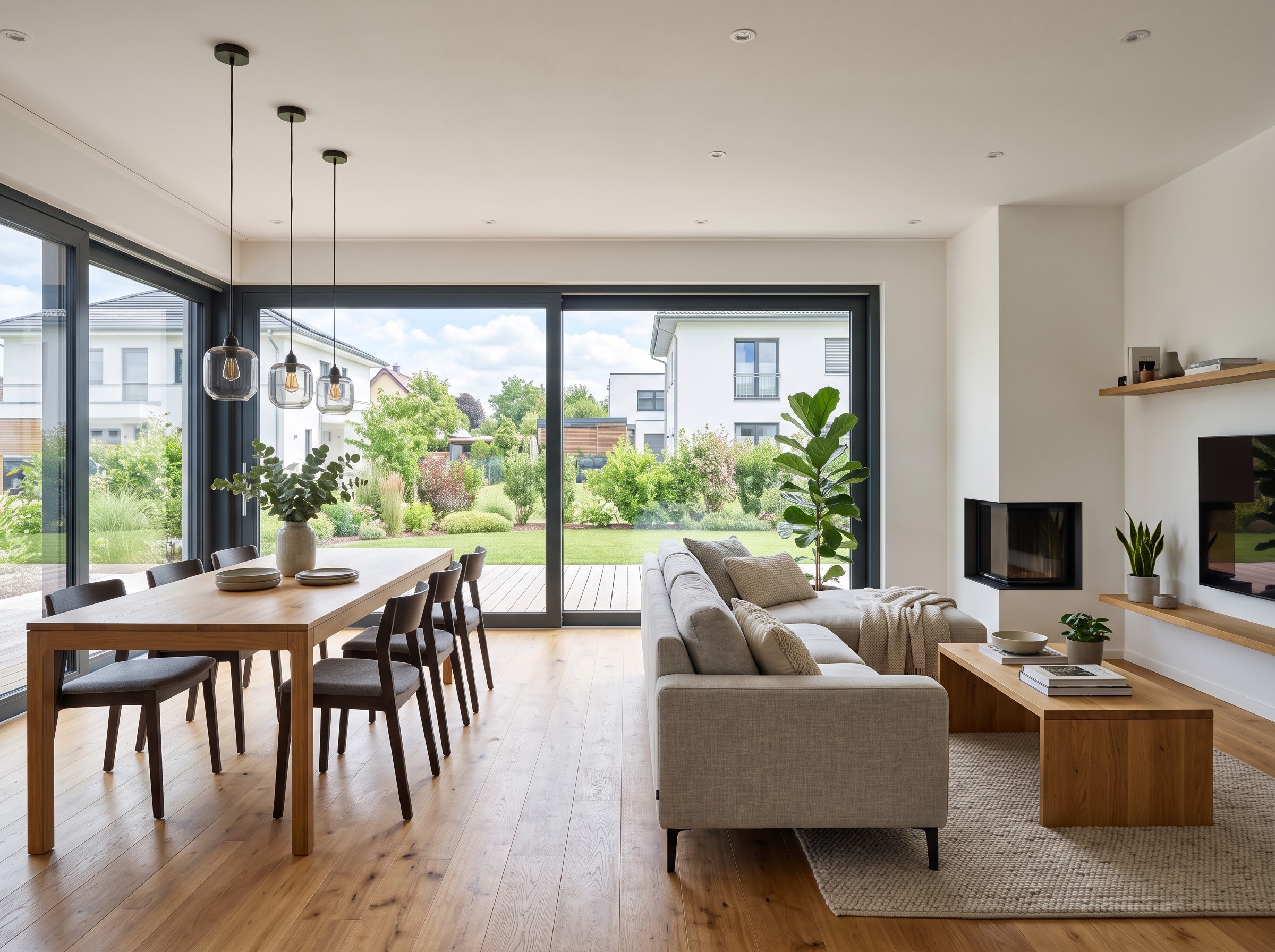Wohnzimmer mit Terrasse und Gartenblick